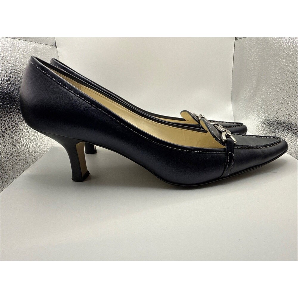 Anne Klein Black Leather Kitten Heel Loafers with Silver Accent - Picture 4 of 10